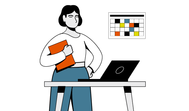 illustration of woman standing at desk with confidence
