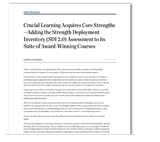 press release about Crucial Learning acquiring Core Strengths