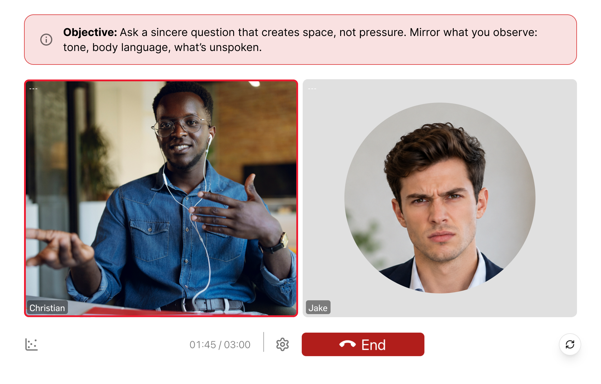 Video chat of a man having a conversation with an AI generated man