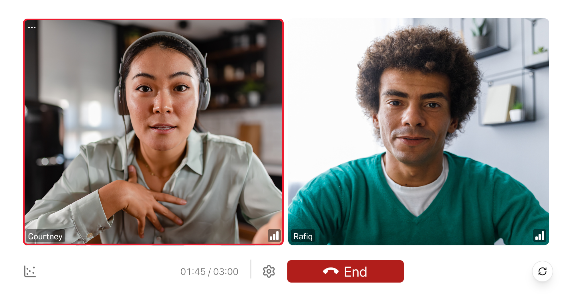 Video chat of a woman having a conversation with an AI generated man