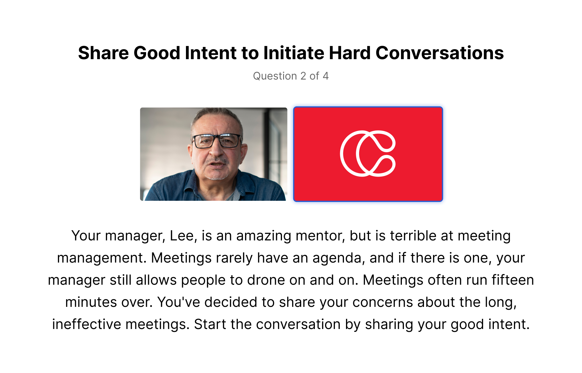 Skill practice card showing a conversation scenario with a participant photo and an AI agent
